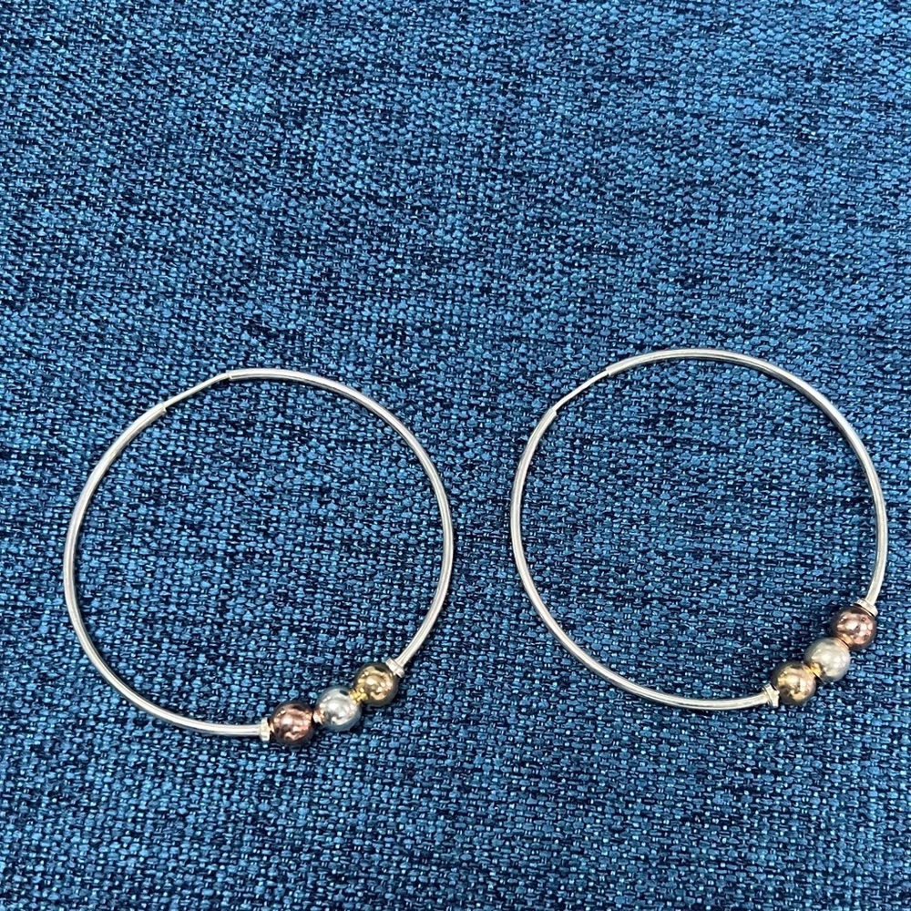 Silver Earrings, jewelry. Hoops, Silver Small Hoop Earrings with 3 Silver Ball